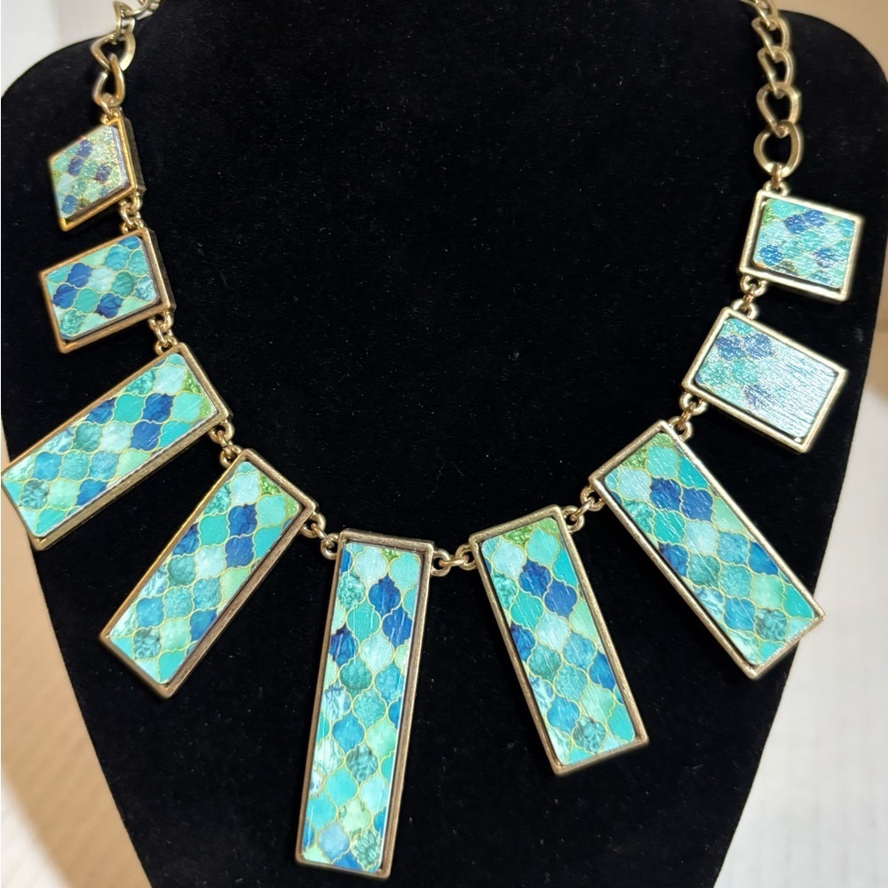 Blue printed, wood Mosaic Tile Drop Statement Necklace